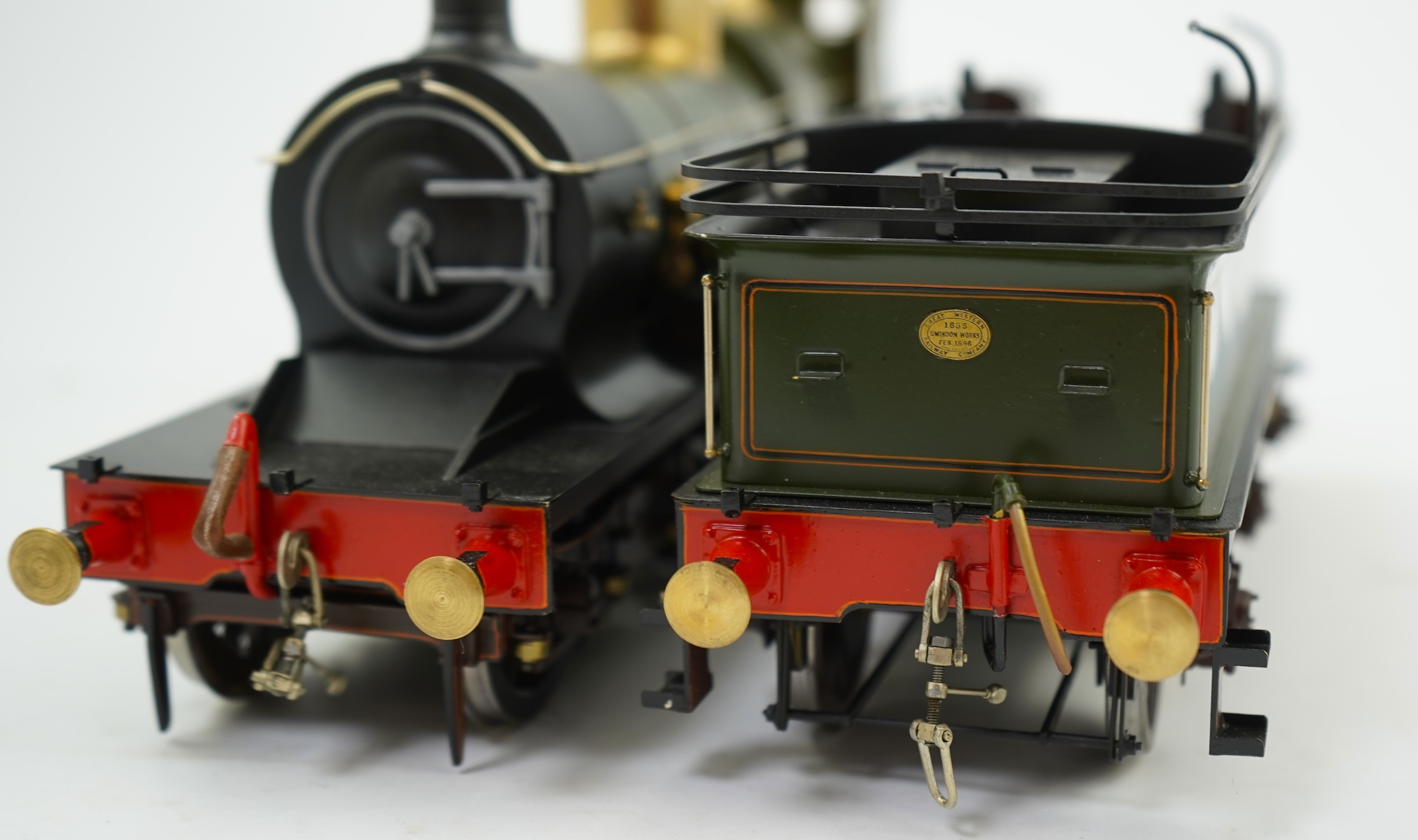 A Gauge One model of GWR Armstrong Class, Brunel 16, 4-4-0 tender locomotive, constructed, painted and lined to a very high standard and left unpowered to allow room for the detailed fire box.